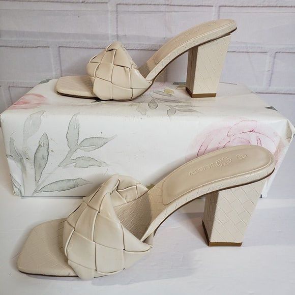 NEW Rilista Neutral Cream Braided Square Toe Heeled Sandals womens 8 Block Heel - Picture 2 of 8